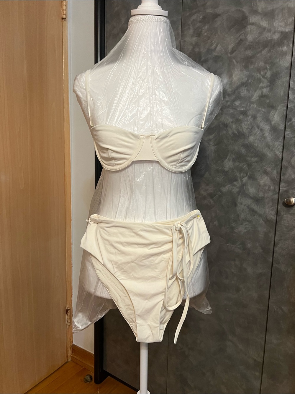 WeWoreWhat Cream Strap Bandeau Bikini with High-Waist Tie Bottom